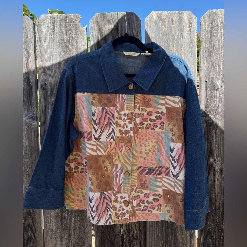 Vintage 100% Cotton Denim Jacket with Vibrant Animal Print Patchwork